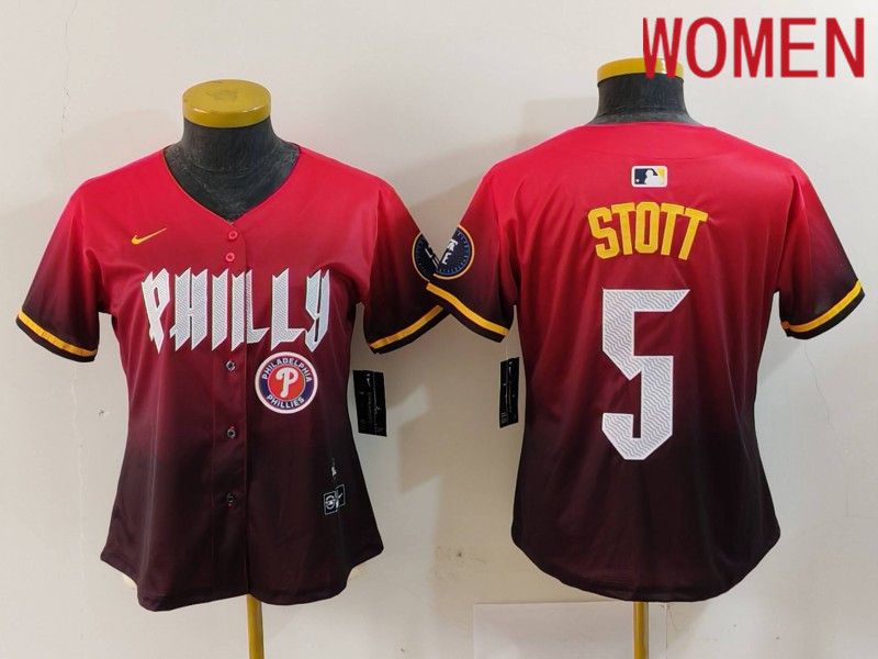 Women Philadelphia Phillies 5 Stott Red City Edition 2024 Nike MLB Jersey style 5